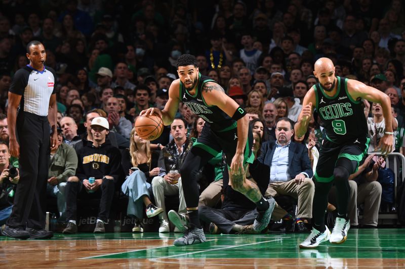 BOSTON, MA - NOVEMBER 8: Jayson Tatum #0 of the Boston Celtics dribbles the ball during the game against the Brooklyn Nets on November 8, 2024 at TD Garden in Boston, Massachusetts. NOTE TO USER: User expressly acknowledges and agrees that, by downloading and/or using this Photograph, user is consenting to the terms and conditions of the Getty Images License Agreement. Mandatory Copyright Notice: Copyright 2024 NBAE (Photo by Brian Babineau/NBAE via Getty Images)