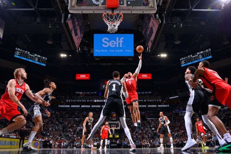 SAN ANTONIO, TX - MARCH 12: Dillon Brooks #9 of the Houston Rockets drives to the basket during the game against the San Antonio Spurs on March 12, 2024 at the Frost Bank Center in San Antonio, Texas. NOTE TO USER: User expressly acknowledges and agrees that, by downloading and or using this photograph, user is consenting to the terms and conditions of the Getty Images License Agreement. Mandatory Copyright Notice: Copyright 2024 NBAE (Photos by Jesse D. Garrabrant/NBAE via Getty Images)