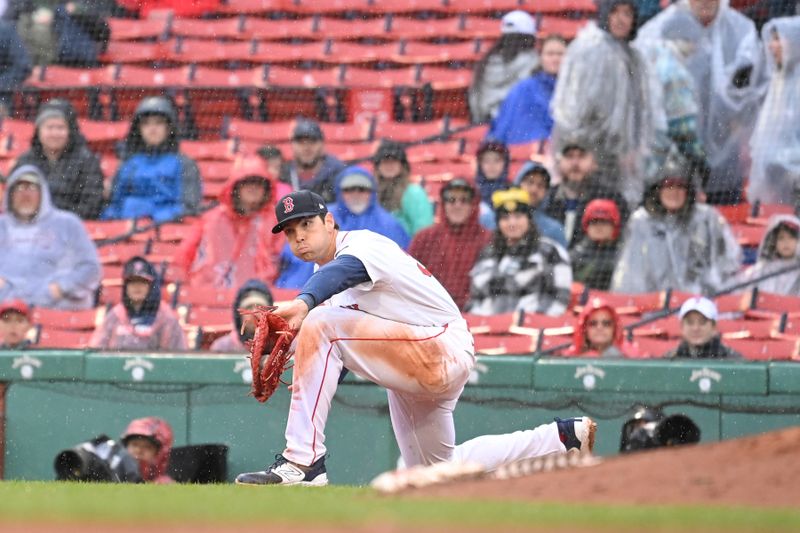 Apr 18, 2024; Boston, Massachusetts, USA; Boston Red Sox first baseman Triston Casas (36) makes a catch at first base during the eighth inning against the Cleveland Guardians at Fenway Park. Mandatory Credit: Eric Canha-USA TODAY Sports