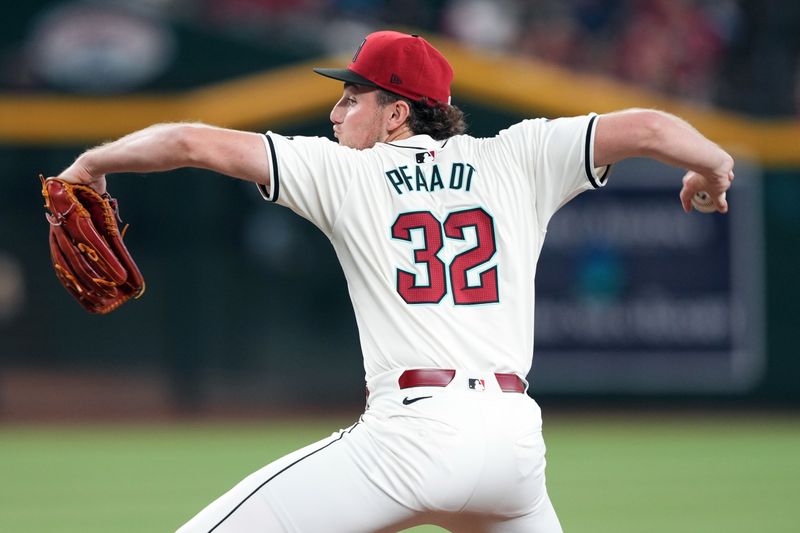 Sep 29, 2024; Phoenix, Arizona, USA; Arizona Diamondbacks pitcher Brandon Pfaadt (32) pitches against the San Diego Padres during the first inning at Chase Field. Mandatory Credit: Joe Camporeale-Imagn Images