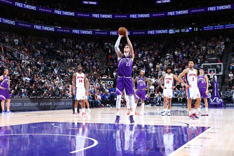 SALT LAKE CITY, UT - JANUARY 1: Lauri Markkanen #23 of the Utah Jazz shoots a free throw during the game against the Detroit Pistons on January 1, 2024 at vivint.SmartHome Arena in Salt Lake City, Utah. NOTE TO USER: User expressly acknowledges and agrees that, by downloading and or using this Photograph, User is consenting to the terms and conditions of the Getty Images License Agreement. Mandatory Copyright Notice: Copyright 2023 NBAE (Photo by Melissa Majchrzak/NBAE via Getty Images)