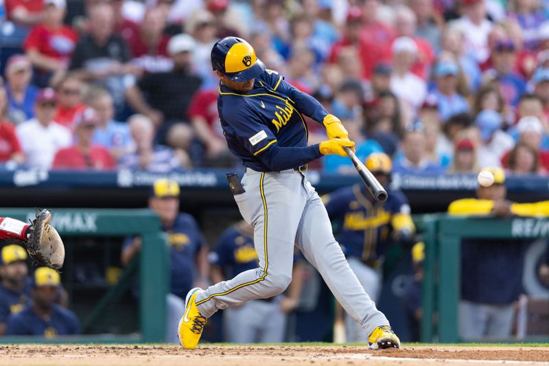 Jun 4, 2024; Philadelphia, Pennsylvania, USA; Milwaukee Brewers outfielder Blake Perkins (16) hits a double during the third inning against the Philadelphia Phillies at Citizens Bank Park. Mandatory Credit: Bill Streicher-USA TODAY Sports