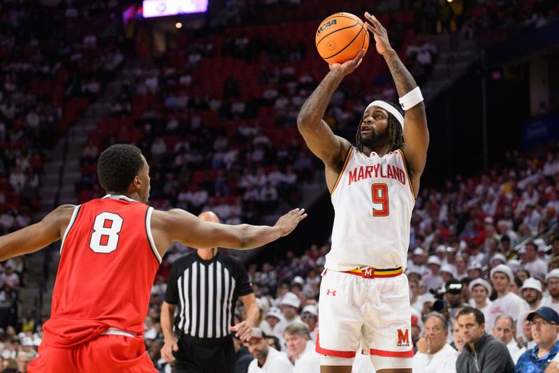 Dec 4, 2024; College Park, Maryland, USA; Maryland Terrapins guard Selton Miguel (9) takes a three point shot during the second half against Ohio State Buckeyes guard Micah Parrish (8) at Xfinity Center. Mandatory Credit: Reggie Hildred-Imagn Images