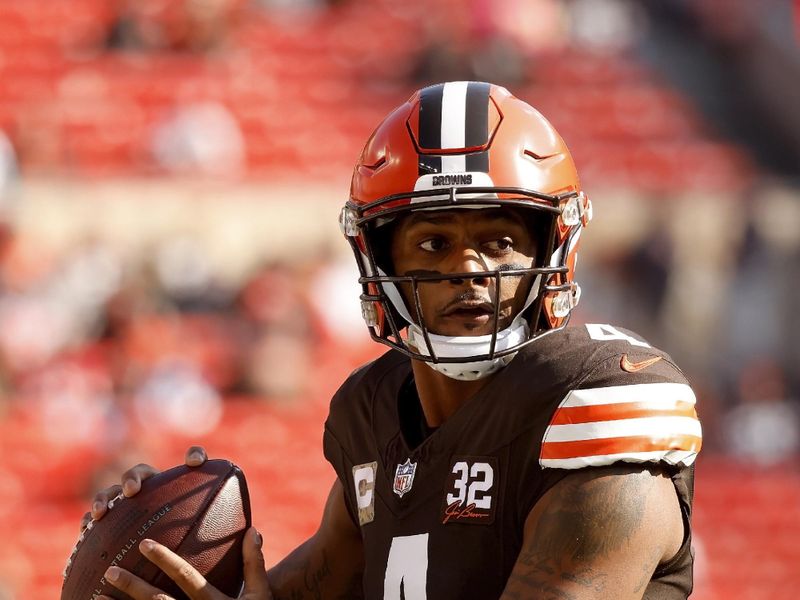 Cleveland Browns quarterback Deshaun Watson (4) warms up prior to the start of an NFL football game against the Arizona Cardinals, Sunday, Nov. 5, 2023, in Cleveland. (AP Photo/Kirk Irwin)