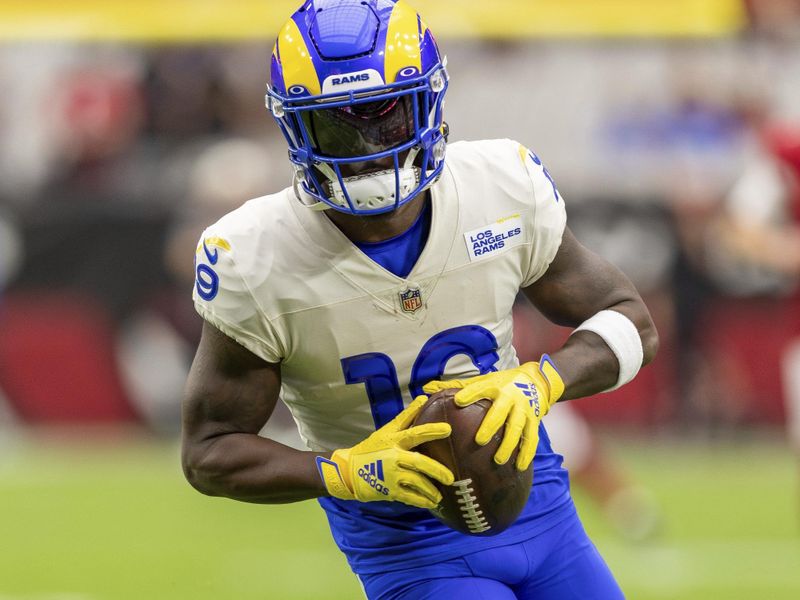 Wide receiver (19) Brandon Powell of the Los Angeles Rams warms up before playing against the Arizona Cardinals in an NFL football game, Sunday, Sept. 25, 2022, in Glendale, AZ. Rams won 20-12. (AP Photo/Jeff Lewis)