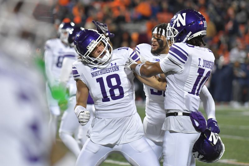 Nov 25, 2023; Champaign, Illinois, USA; Northwestern Wildcats defensive back Garner Wallace (18) celebrates his touchdown after recovering a fumble by the Illinois Fighting Illini in the second half at Memorial Stadium. Mandatory Credit: Ron Johnson-USA TODAY Sports