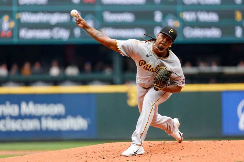 May 28, 2023; Seattle, Washington, USA; Pittsburgh Pirates starting pitcher Luis Ortiz (48) throws against the Seattle Mariners during the first inning at T-Mobile Park. Mandatory Credit: Joe Nicholson-USA TODAY Sports