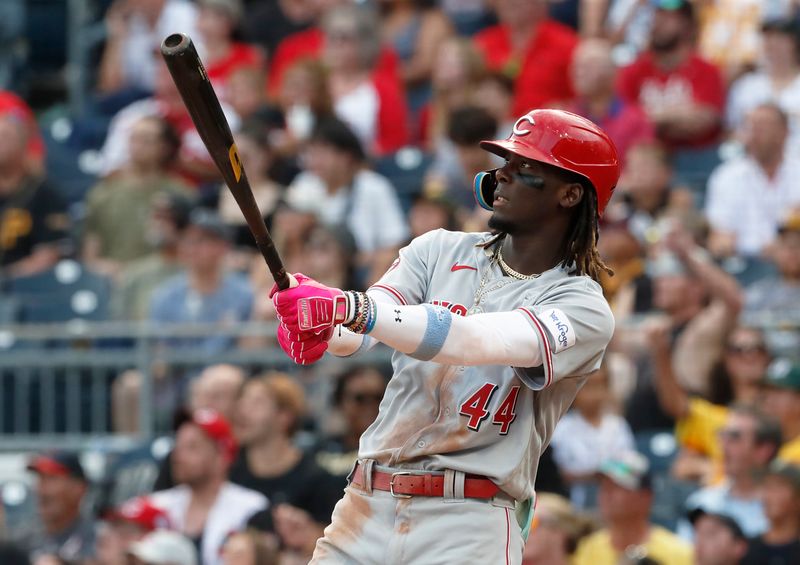 Aug 13, 2023; Pittsburgh, PA, USA; Cincinnati Reds shortstop Elly De La Cruz (44) watches his solo home run against the Pittsburgh Pirates during the third inning at PNC Park. Mandatory Credit: Charles LeClaire-USA TODAY Sports