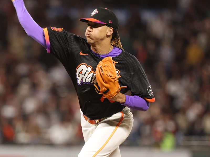 Jun 3, 2025; San Francisco, California, USA;  San Francisco Giants relief pitcher Spencer Bivens (76) pitches the ball against the San Diego Padres during the tenth inning at Oracle Park. Mandatory Credit: Kelley L Cox-Imagn Images