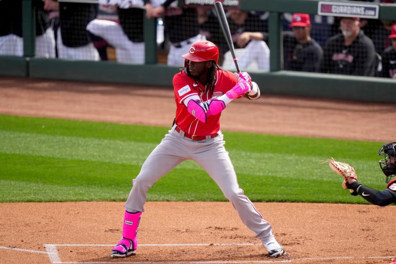 Feb. 24, 2024; Goodyear, Arizona, USA; Cincinnati Reds shortstop Elly De La Cruz (44) bats in the first inning during a MLB spring training game against the Cleveland Guardians at Goodyear Ballpark. Mandatory Credit: Kareem Elgazzar-USA TODAY Sports