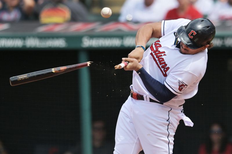 May 28, 2023; Cleveland, Ohio, USA; Cleveland Guardians pinch hitter Josh Naylor (22) breaks his bat on a pitch during the sixth inning against the St. Louis Cardinals at Progressive Field. Mandatory Credit: Ken Blaze-USA TODAY Sports