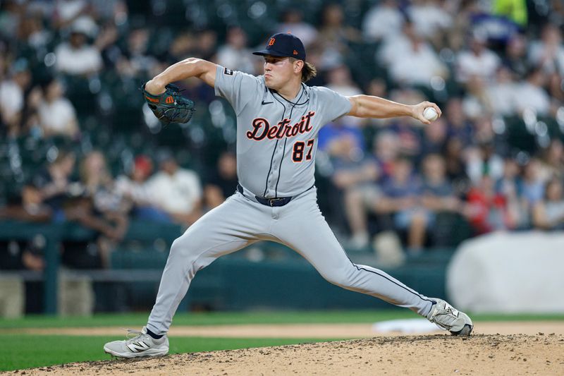 Jun 3, 2025; Chicago, Illinois, USA; Detroit Tigers relief pitcher Tyler Holton (87) delivers a pitch against the Chicago White Sox during the sixth inning at Rate Field. Mandatory Credit: Kamil Krzaczynski-Imagn Images