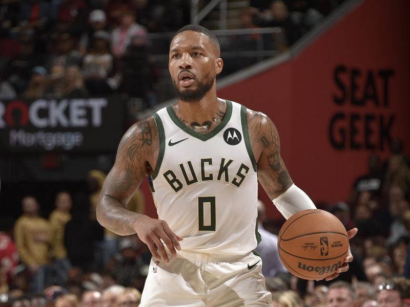 CLEVELAND, OH - NOVEMBER 4: Damian Lillard #0 of the Milwaukee Bucks handles the ball during the game against the Cleveland Cavaliers on November 4, 2024 at Rocket Mortgage FieldHouse in Cleveland, Ohio. NOTE TO USER: User expressly acknowledges and agrees that, by downloading and/or using this Photograph, user is consenting to the terms and conditions of the Getty Images License Agreement. Mandatory Copyright Notice: Copyright 2024 NBAE (Photo by David Liam Kyle/NBAE via Getty Images)