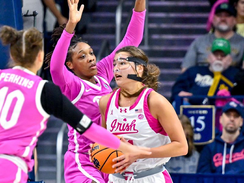 Feb 4, 2024; South Bend, Indiana, USA; Notre Dame Fighting Irish forward Maddy Westbeld (21) looks to shoot as Pittsburgh Panthers forward Jala Jordan (14) defends in the first half at the Purcell Pavilion. Mandatory Credit: Matt Cashore-USA TODAY Sports