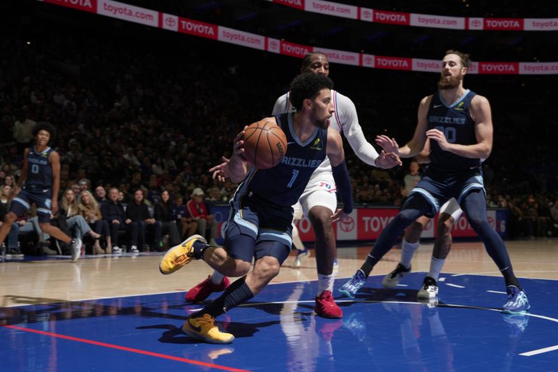 PHILADELPHIA, PA - NOVEMBER 2: Scotty Pippen Jr. #1 of the Memphis Grizzlies dribbles the ball during the game against the Philadelphia 76ers on November 2, 2024 at the Wells Fargo Center in Philadelphia, Pennsylvania NOTE TO USER: User expressly acknowledges and agrees that, by downloading and/or using this Photograph, user is consenting to the terms and conditions of the Getty Images License Agreement. Mandatory Copyright Notice: Copyright 2024 NBAE (Photo by Jesse D. Garrabrant/NBAE via Getty Images)