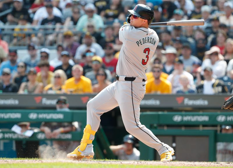 Aug 4, 2024; Pittsburgh, Pennsylvania, USA;  Arizona Diamondbacks designated hitter Joc Pederson (3) hits a three run home run against the Pittsburgh Pirates during the seventh inning at PNC Park. Mandatory Credit: Charles LeClaire-USA TODAY Sports