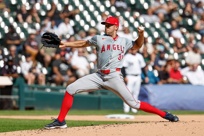 Sep 26, 2024; Chicago, Illinois, USA; Los Angeles Angels starting pitcher Tyler Anderson (31) delivers a pitch against the Chicago White Sox during the second inning at Guaranteed Rate Field. Mandatory Credit: Kamil Krzaczynski-Imagn Images