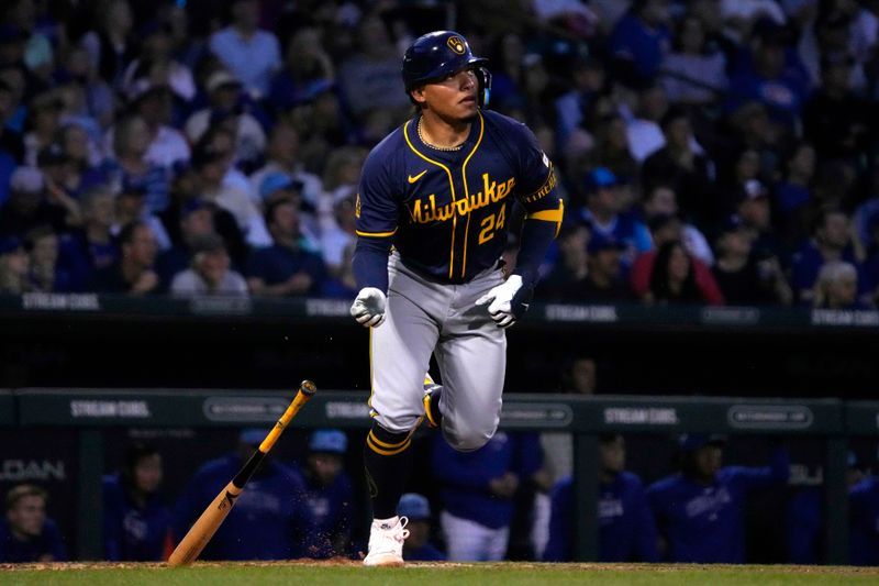 Mar 12, 2024; Mesa, Arizona, USA; Milwaukee Brewers catcher William Contreras (24) hist a double against the Chicago Cubs in the third inning at Sloan Park. Mandatory Credit: Rick Scuteri-USA TODAY Sports