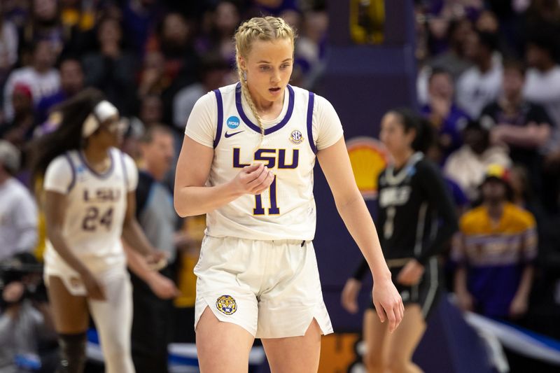 Mar 22, 2024; Baton Rouge, Louisiana, USA; LSU Lady Tigers guard Hailey Van Lith (11) reacts to missing a three point basket basket against the Rice Owls during the first half at Pete Maravich Assembly Center. Mandatory Credit: Stephen Lew-USA TODAY Sports