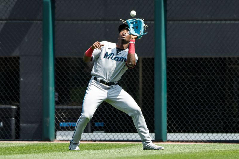 Jun 10, 2023; Chicago, Illinois, USA; Miami Marlins right fielder Jesus Sanchez (7) catches a fly ball hit by Chicago White Sox center fielder Luis Robert Jr. (not pictured) during the sixth inning at Guaranteed Rate Field. Mandatory Credit: Kamil Krzaczynski-USA TODAY Sports