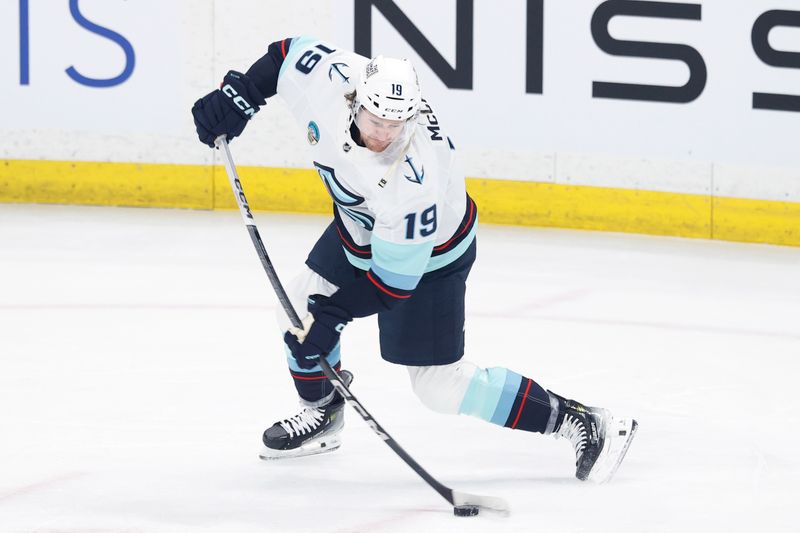 Mar 5, 2024; Winnipeg, Manitoba, CAN; Seattle Kraken left wing Jared McCann (19) warms up before a game against the Winnipeg Jets at Canada Life Centre. Mandatory Credit: James Carey Lauder-USA TODAY Sports