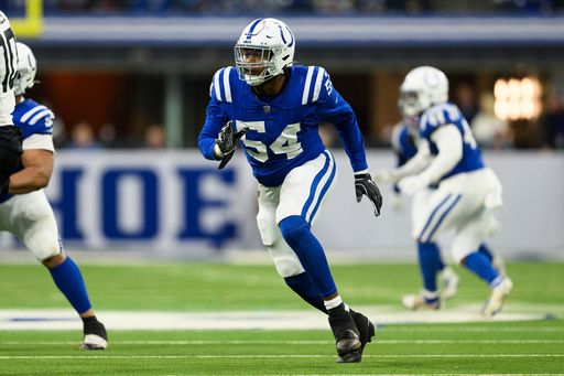 Indianapolis Colts defensive end Dayo Odeyingbo (54) rushes around the edge during an NFL football game against the Jacksonville Jaguars, Sunday, Jan. 5, 2025, in Indianapolis. The Colts defeated the Jaguars 26-23. (AP Photo/Zach Bolinger)