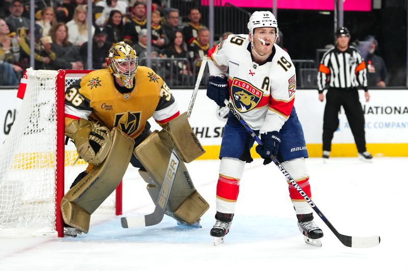 Jan 4, 2024; Las Vegas, Nevada, USA; Florida Panthers left wing Matthew Tkachuk (19) stands in front of Vegas Golden Knights goaltender Logan Thompson (36) during the first period at T-Mobile Arena. Mandatory Credit: Stephen R. Sylvanie-USA TODAY Sports