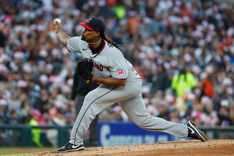 May 24, 2025; Detroit, Michigan, USA; Cleveland Guardians starting pitcher Luis L. Ortiz (45) throws during the fourth inning against the Detroit Tigers at Comerica Park. Mandatory Credit: Brian Bradshaw Sevald-Imagn Images