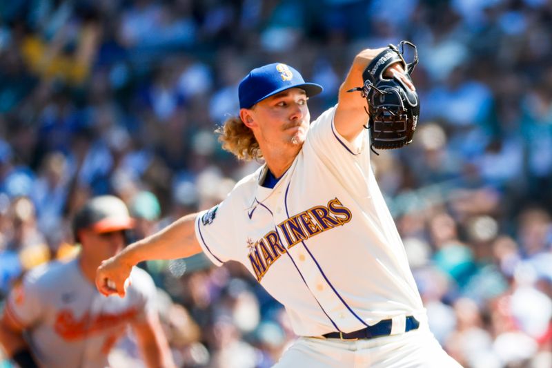 Aug 13, 2023; Seattle, Washington, USA; Seattle Mariners starting pitcher Bryce Miller (50) throws against the Seattle Mariners during the third inning at T-Mobile Park. Mandatory Credit: Joe Nicholson-USA TODAY Sports