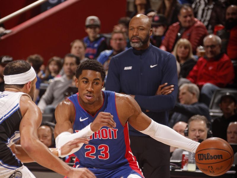 DETROIT, MI - FEBRUARY 4: Jaden Ivey #23 of the Detroit Pistons handles the ball during the game against the Orlando Magic on February 4, 2024 at Little Caesars Arena in Detroit, Michigan. NOTE TO USER: User expressly acknowledges and agrees that, by downloading and/or using this photograph, User is consenting to the terms and conditions of the Getty Images License Agreement. Mandatory Copyright Notice: Copyright 2024 NBAE (Photo by Brian Sevald/NBAE via Getty Images)