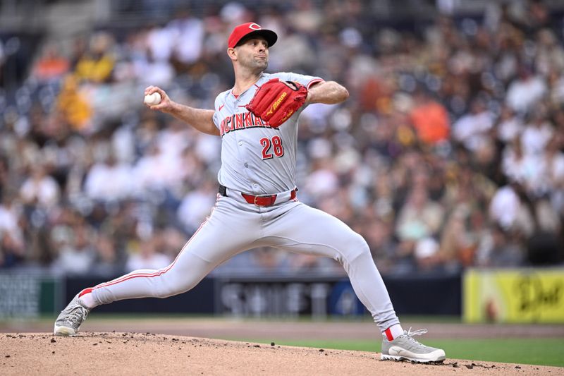 Apr 30, 2024; San Diego, California, USA; Cincinnati Reds starting pitcher Nick Martinez (28) throws a pitch against the San Diego Padres during the first inning at Petco Park. Mandatory Credit: Orlando Ramirez-USA TODAY Sports