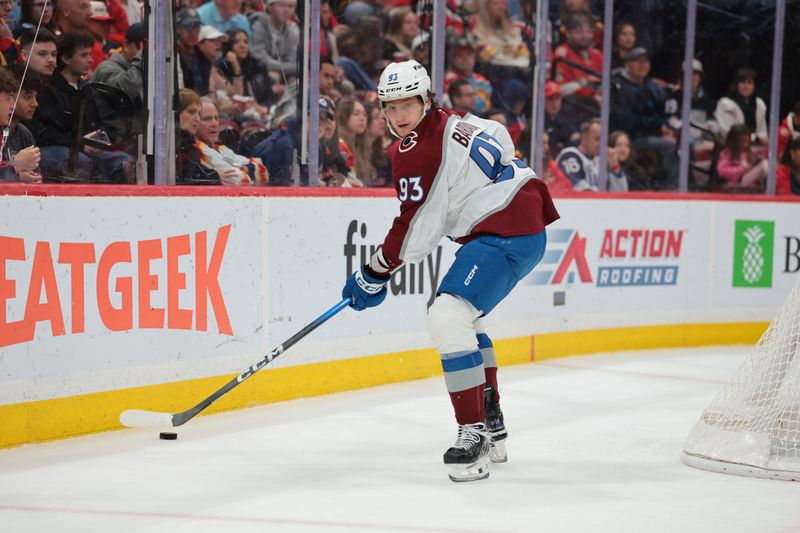 Jan 4, 2026; Sunrise, Florida, USA; Colorado Avalanche center Zakhar Bardakov (93) moves the puck against the Florida Panthers during the second period at Amerant Bank Arena. Mandatory Credit: Sam Navarro-Imagn Images