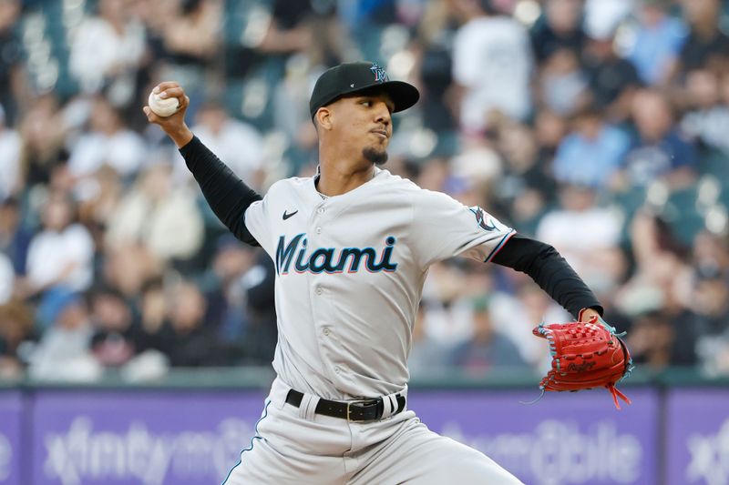 Jun 9, 2023; Chicago, Illinois, USA; Miami Marlins starting pitcher Eury Perez (39) pitches against the Chicago White Sox during the first inning at Guaranteed Rate Field. Mandatory Credit: Kamil Krzaczynski-USA TODAY Sports