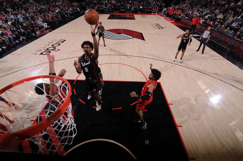 PORTLAND, OR - FEBRUARY 8: Ausar Thompson #9 of the Detroit Pistons shoots the ball during the game against the Portland Trail Blazers on February 8, 2024 at the Moda Center Arena in Portland, Oregon. NOTE TO USER: User expressly acknowledges and agrees that, by downloading and or using this photograph, user is consenting to the terms and conditions of the Getty Images License Agreement. Mandatory Copyright Notice: Copyright 2024 NBAE (Photo by Cameron Browne/NBAE via Getty Images)