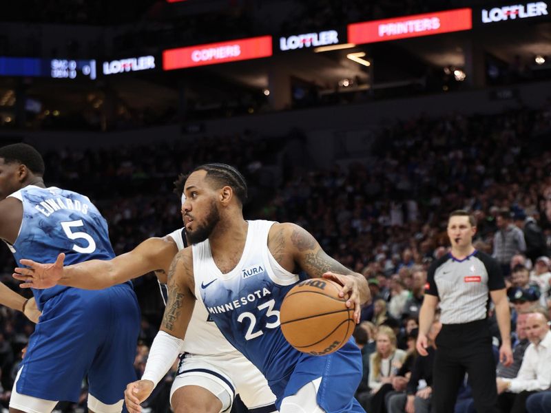 MINNEAPOLIS, MN -  FEBRUARY 28:  Monte Morris #23 of the Minnesota Timberwolves drives to the basket during the game against the Memphis Grizzlies on February 28, 2024 at Target Center in Minneapolis, Minnesota. NOTE TO USER: User expressly acknowledges and agrees that, by downloading and or using this Photograph, user is consenting to the terms and conditions of the Getty Images License Agreement. Mandatory Copyright Notice: Copyright 2024 NBAE (Photo by Jordan Johnson/NBAE via Getty Images)