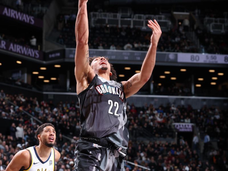 BROOKLYN, NY - DECEMBER 4: Jalen Wilson #22 of the Brooklyn Nets drives to the basket during the game against the Indiana Pacers on December 4, 2024 at Barclays Center in Brooklyn, New York. NOTE TO USER: User expressly acknowledges and agrees that, by downloading and or using this Photograph, user is consenting to the terms and conditions of the Getty Images License Agreement. Mandatory Copyright Notice: Copyright 2024 NBAE (Photo by Jeff Haynes/NBAE via Getty Images)