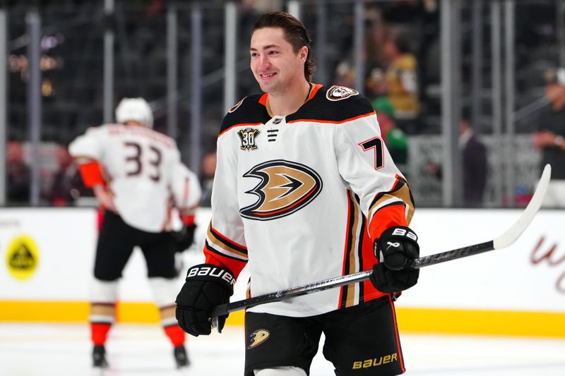 Apr 18, 2024; Las Vegas, Nevada, USA; Anaheim Ducks right wing Frank Vatrano (77) warms up before the start of a game against the Vegas Golden Knights at T-Mobile Arena. Mandatory Credit: Stephen R. Sylvanie-USA TODAY Sports