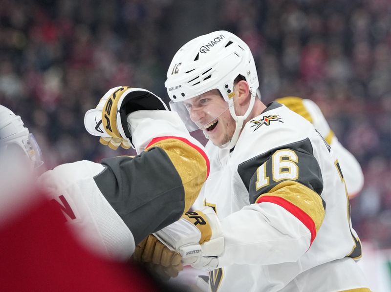 Jan 27, 2026; Montreal, Quebec, CAN; Vegas Golden Knights forward Pavel Dorofeyev (16) celebrates with teammates after scoring a goal against the Montreal Canadiens during the first period at the Bell Centre. Mandatory Credit: Eric Bolte-Imagn Images