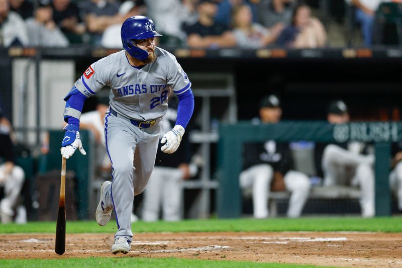 Aug 27, 2025; Chicago, Illinois, USA; Kansas City Royals center fielder Kyle Isbel (28) watches his single against the Chicago White Sox during the fifth inning at Rate Field. Mandatory Credit: Kamil Krzaczynski-Imagn Images