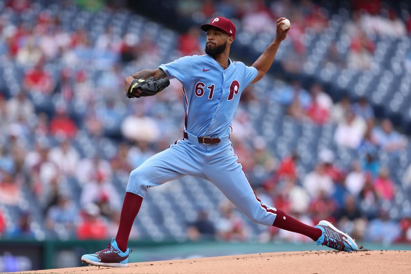 May 29, 2025; Philadelphia, Pennsylvania, USA; Philadelphia Phillies pitcher Cristopher Sanchez (61) throws a pitch during the first inning against the Atlanta Braves at Citizens Bank Park. Mandatory Credit: Bill Streicher-Imagn Images
