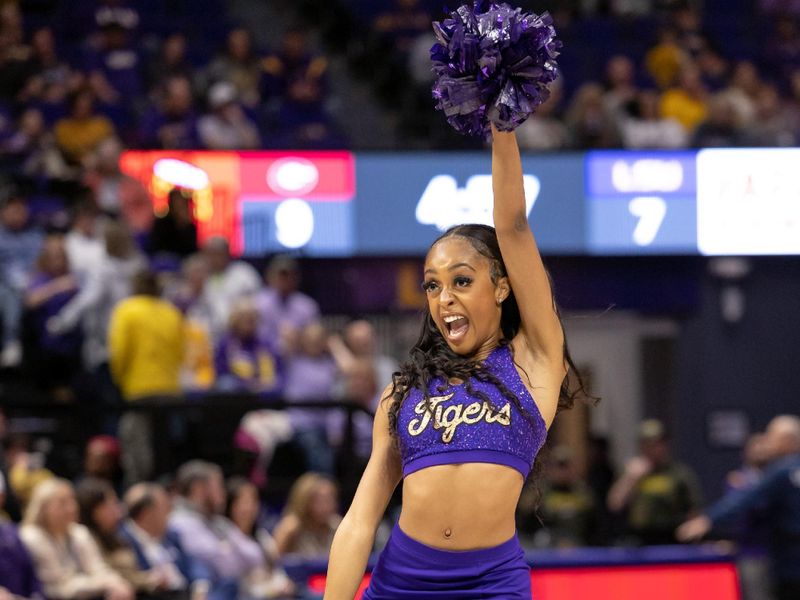 Feb 2, 2023; Baton Rouge, Louisiana, USA;  LSU Lady Tigers cheerleaders perform against the Georgia Lady Bulldogs during the first half at Pete Maravich Assembly Center. Mandatory Credit: Stephen Lew-USA TODAY Sports