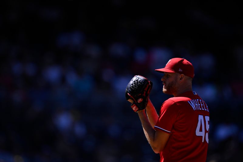 Sep 6, 2023; San Diego, California, USA; Philadelphia Phillies starting pitcher Zack Wheeler (45) prepares to pitch against the San Diego Padres during the fourth inning at Petco Park. Mandatory Credit: Orlando Ramirez-USA TODAY Sports