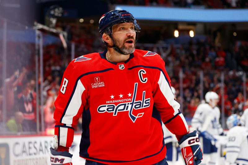 Mar 20, 2024; Washington, District of Columbia, USA; Washington Capitals left wing Alex Ovechkin (8) celebrates after scoring a goal against the Toronto Maple Leafs during the third period at Capital One Arena. Mandatory Credit: Amber Searls-USA TODAY Sports