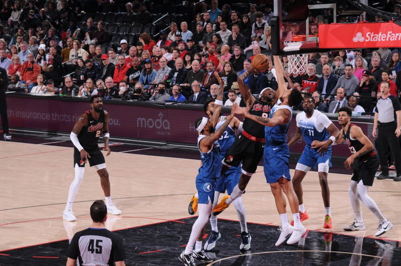 PORTLAND, OR - FEBRUARY 15: Jerami Grant #9 of the Portland Trail Blazers drives to the basket during the game against the Minnesota Timberwolves on February 15, 2024 at the Moda Center Arena in Portland, Oregon. NOTE TO USER: User expressly acknowledges and agrees that, by downloading and or using this photograph, user is consenting to the terms and conditions of the Getty Images License Agreement. Mandatory Copyright Notice: Copyright 2024 NBAE (Photo by Cameron Browne/NBAE via Getty Images)