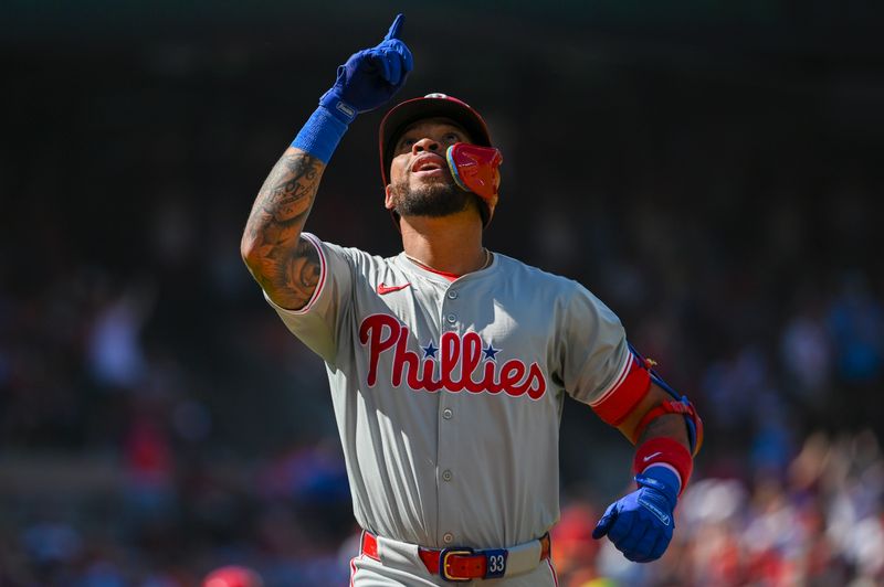 Jun 15, 2024; Baltimore, Maryland, USA; Philadelphia Phillies shortstop Edmundo Sosa (33) reacts after hitting a second inning solo home run against the Baltimore Orioles  at Oriole Park at Camden Yards. Mandatory Credit: Tommy Gilligan-USA TODAY Sports