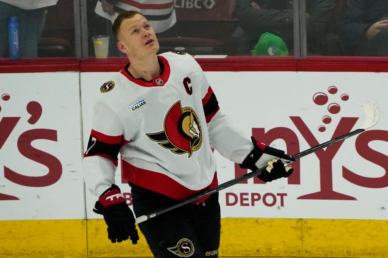 Mar 5, 2025; Chicago, Illinois, USA; Ottawa Senators left wing Brady Tkachuk (7) warms up before a game against the Chicago Blackhawks at United Center. Mandatory Credit: David Banks-Imagn Images