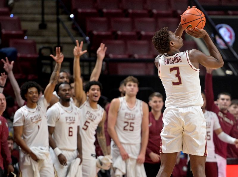 Dec 19, 2025; Tallahassee, Florida, USA; Florida State Seminoles forward Thomas Bassong (3) shoots a three point shot during the second half against the Mississippi Valley State Delta Devils at Donald L. Tucker Center. Mandatory Credit: Melina Myers-Imagn Images