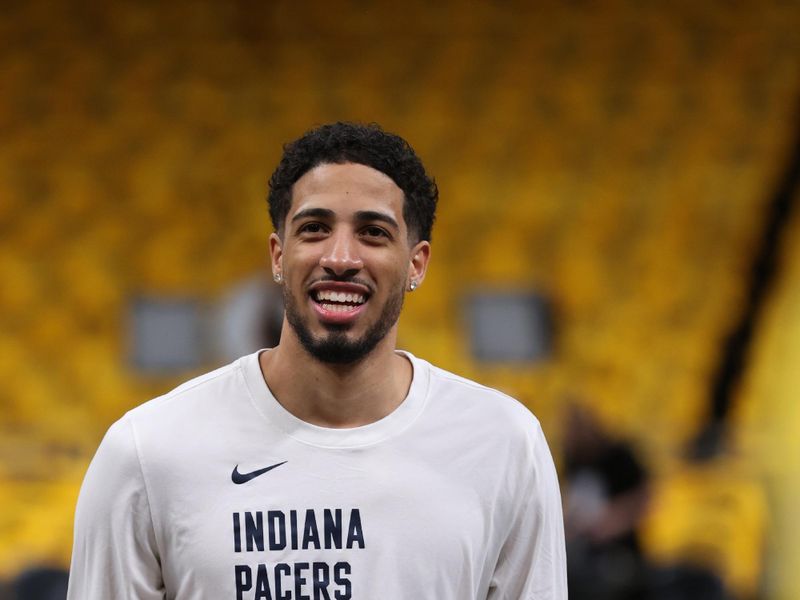 INDIANAPOLIS, IN - MAY 9: Tyrese Haliburton #0 of the Indiana Pacers warms up before the game against the Cleveland Cavaliers during Round 2 Game 3 on May 9, 2025 at Gainbridge Fieldhouse in Indianapolis, Indiana. NOTE TO USER: User expressly acknowledges and agrees that, by downloading and or using this Photograph, user is consenting to the terms and conditions of the Getty Images License Agreement. Mandatory Copyright Notice: Copyright 2025 NBAE (Photo by Joe Murphy/NBAE via Getty Images)