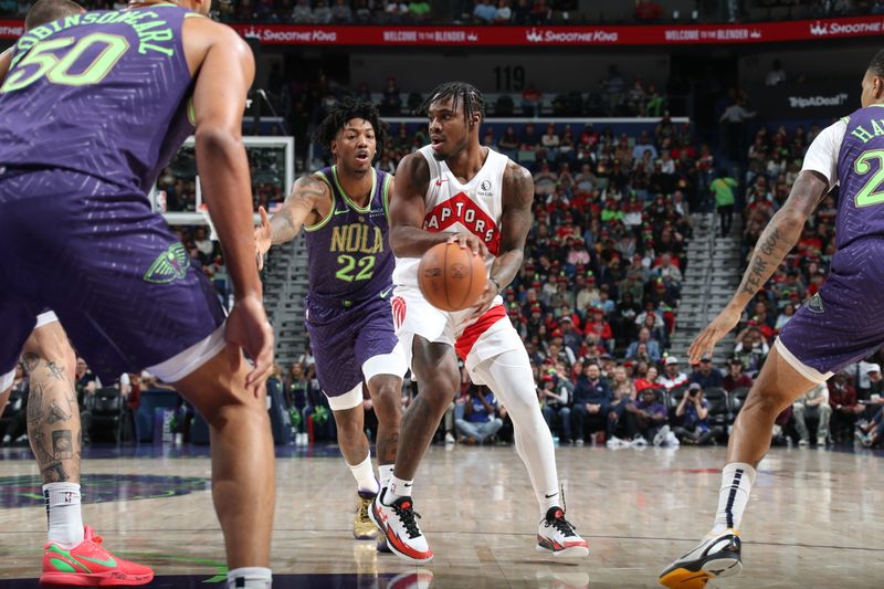 NEW ORLEANS, LA - NOVEMBER 27:  Davion Mitchell #45 of the Toronto Raptors dribbles the ball during the game against the New Orleans Pelicans during a regular season game on November 27, 2024 at the Smoothie King Center in New Orleans, Louisiana. NOTE TO USER: User expressly acknowledges and agrees that, by downloading and or using this Photograph, user is consenting to the terms and conditions of the Getty Images License Agreement. Mandatory Copyright Notice: Copyright 2024 NBAE (Photo by Layne Murdoch Jr./NBAE via Getty Images)