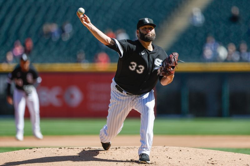 Apr 18, 2023; Chicago, Illinois, USA; Chicago White Sox starting pitcher Lance Lynn (33) delivers against the Philadelphia Phillies during the first inning of game one of the doubleheader at Guaranteed Rate Field. Mandatory Credit: Kamil Krzaczynski-USA TODAY Sports